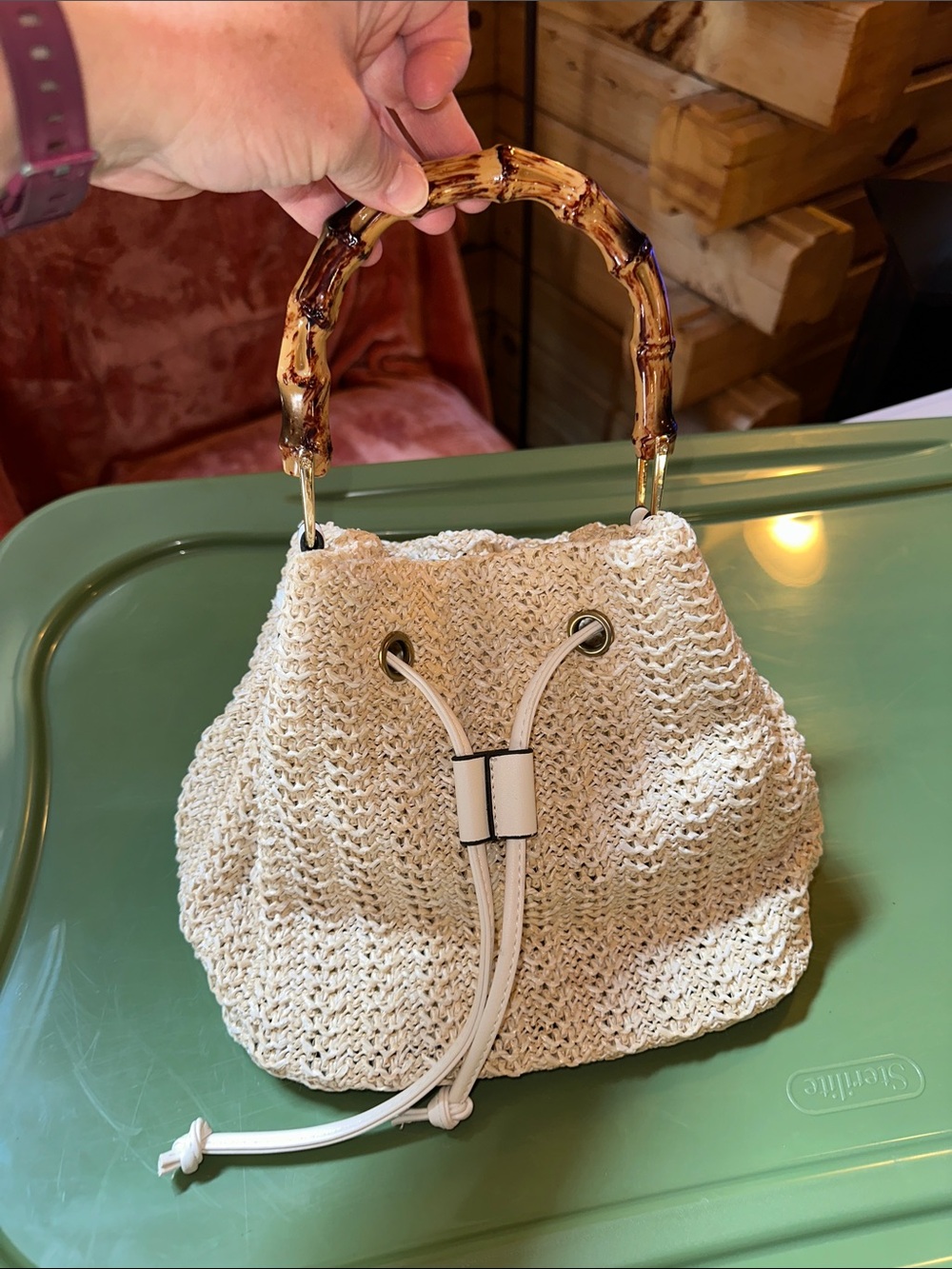Handheld Cream Woven Purse with Bamboo-style Handle